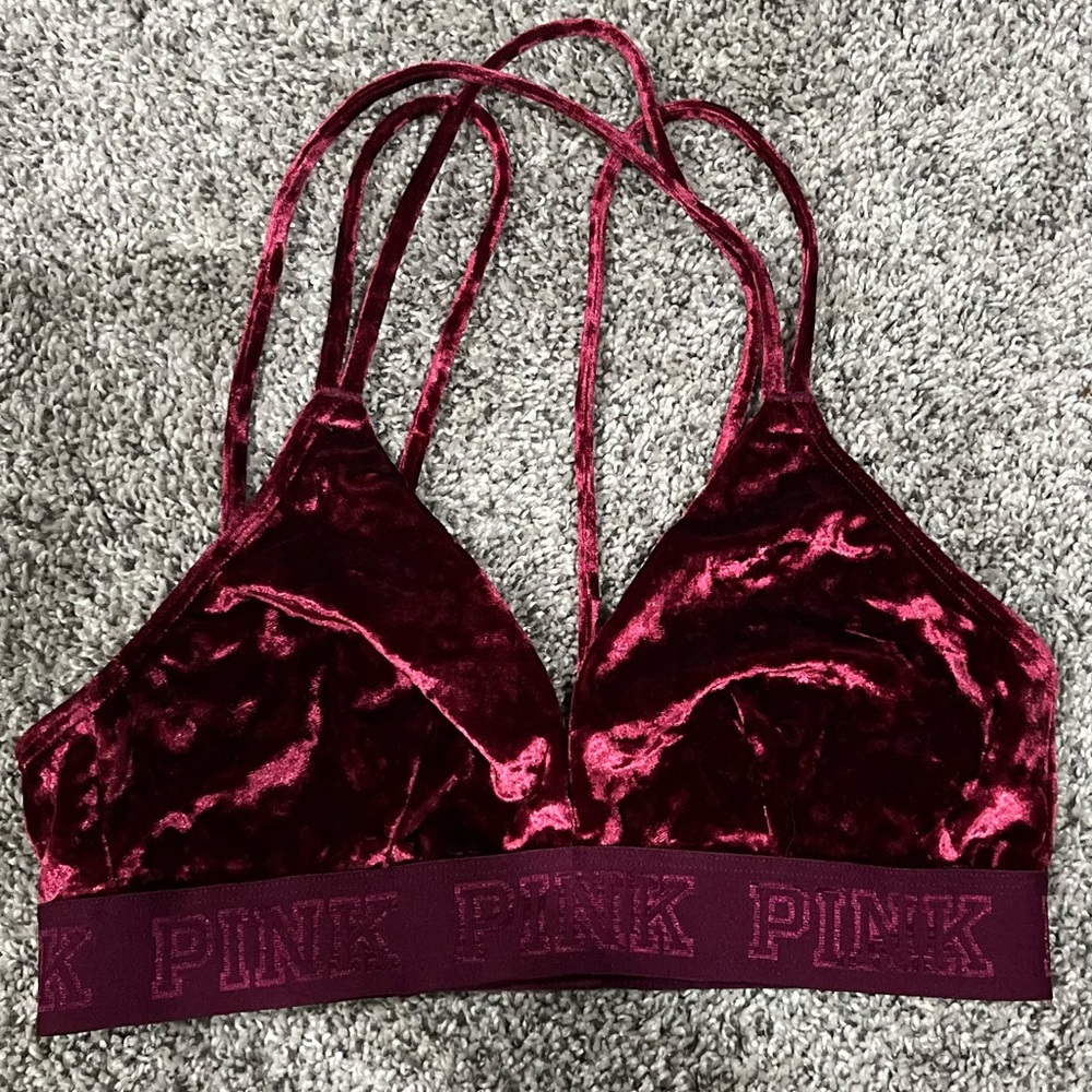 Victoria's Secret PINK Burgundy Crushed Velvet Cage Back‎ Bralette Small